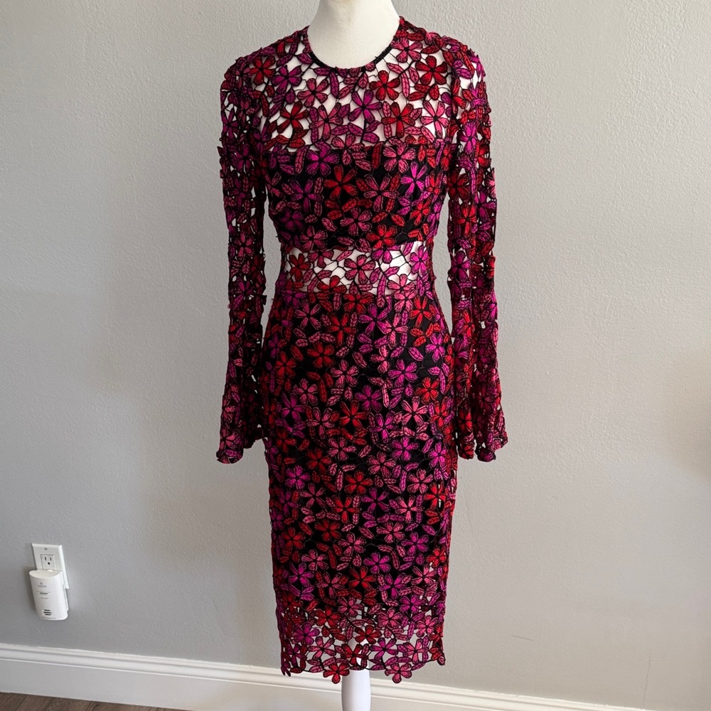 Shoshanna Red and Pink Floral Lace Long Sleeve Dress